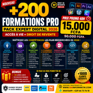 MEGA PACK DESIGN & MARKETING DIGITAL PRO – 200+ FORMATIONS + DROITS DE REVENTE