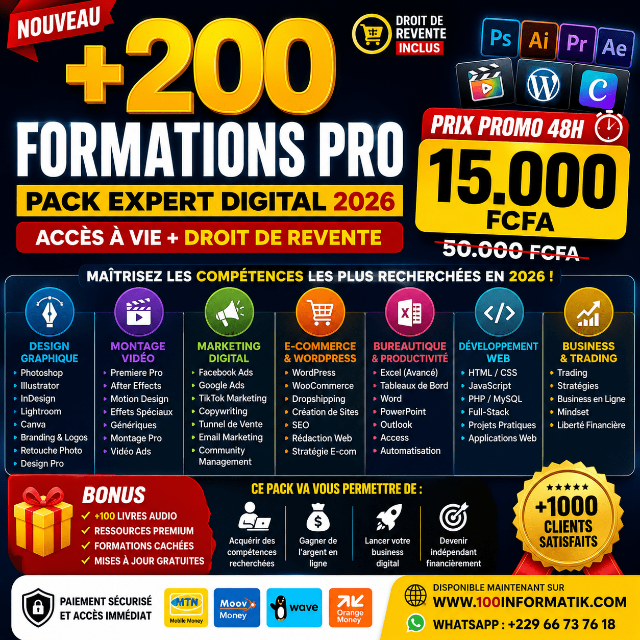 MEGA PACK DESIGN & MARKETING DIGITAL PRO – 200+ FORMATIONS + DROITS DE REVENTE